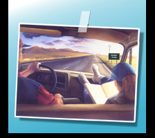 "Altered" postcard from back cover of travelling jewelry team brochure. Highway sign differed for each show . . .